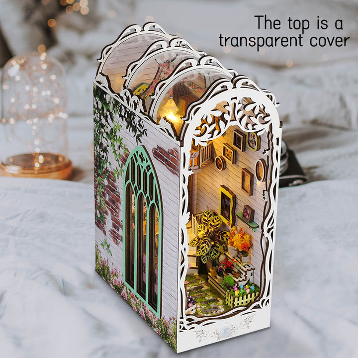 3D wooden puzzle book nook kit featuring a beautiful transparent cover and intricate design details.