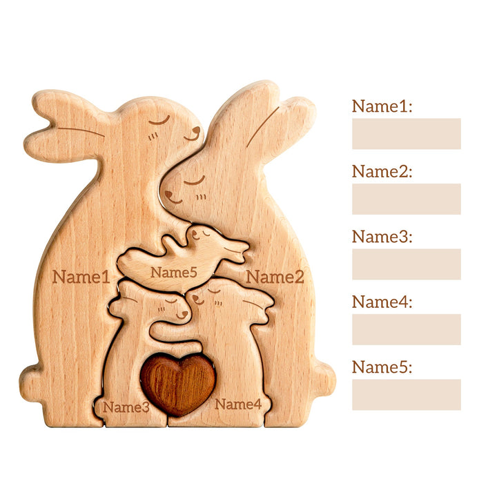 Personalized wooden rabbit family name puzzle with space for five names and heart design.