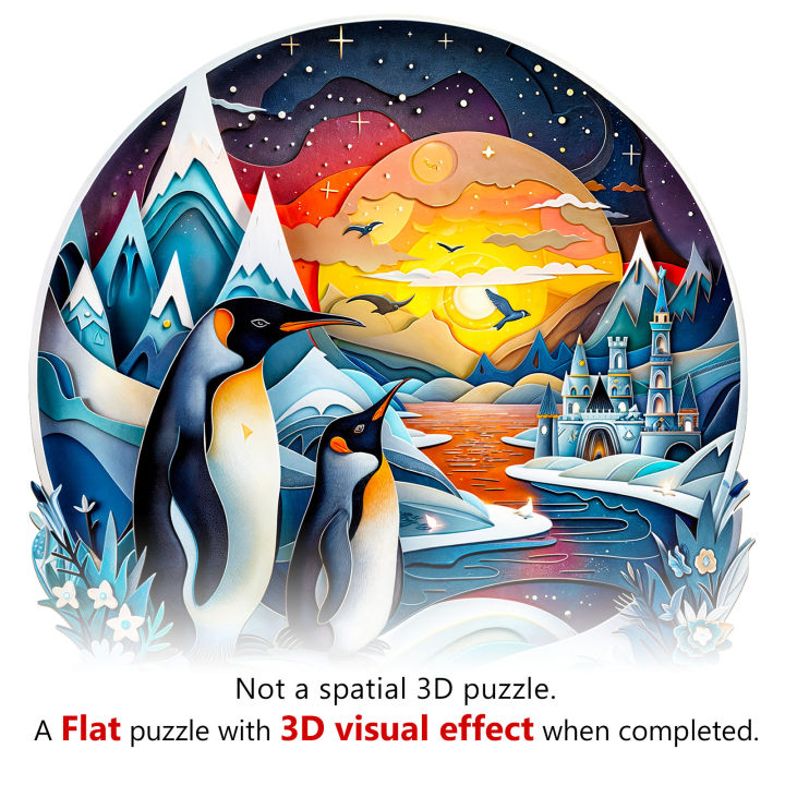 3D penguin family wooden jigsaw puzzle showcasing a flat design with a 3D visual effect when completed, set in a colorful landscape.