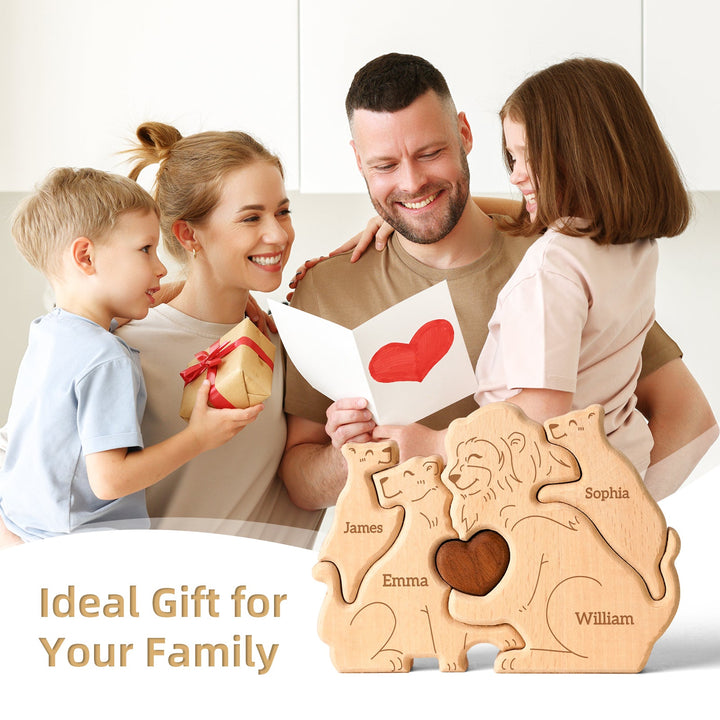 Family enjoying a personalized wooden lion name puzzle, showcasing love and connection, perfect for gifts.