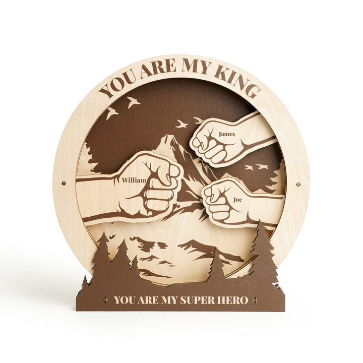 Personalized wooden sign with fists and names, featuring the message 'You Are My King.' Perfect gift for dads or grandpas.