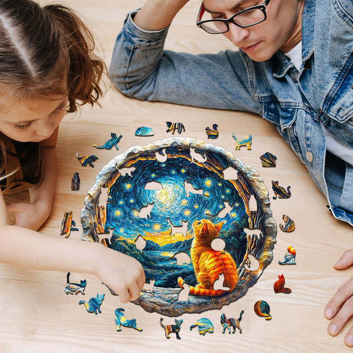 A parent and child enjoy assembling a 3D Starry Dream wooden jigsaw puzzle featuring a cat and starry night scene.