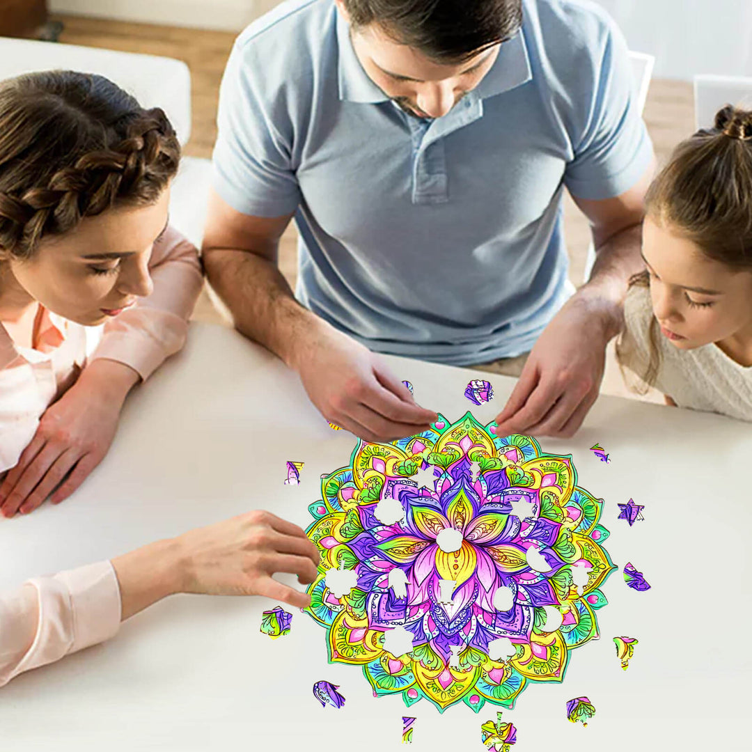 Family enjoying the Mandala Lotus-1 wooden jigsaw puzzle, enhancing focus and cognitive skills through fun gameplay.
