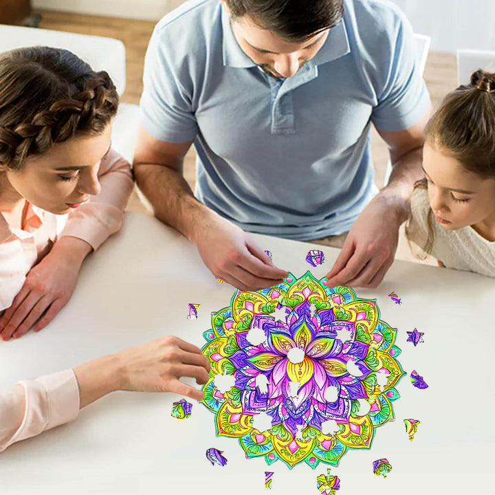 Family enjoying the Mandala Lotus-1 wooden jigsaw puzzle, enhancing focus and cognitive skills through fun gameplay.