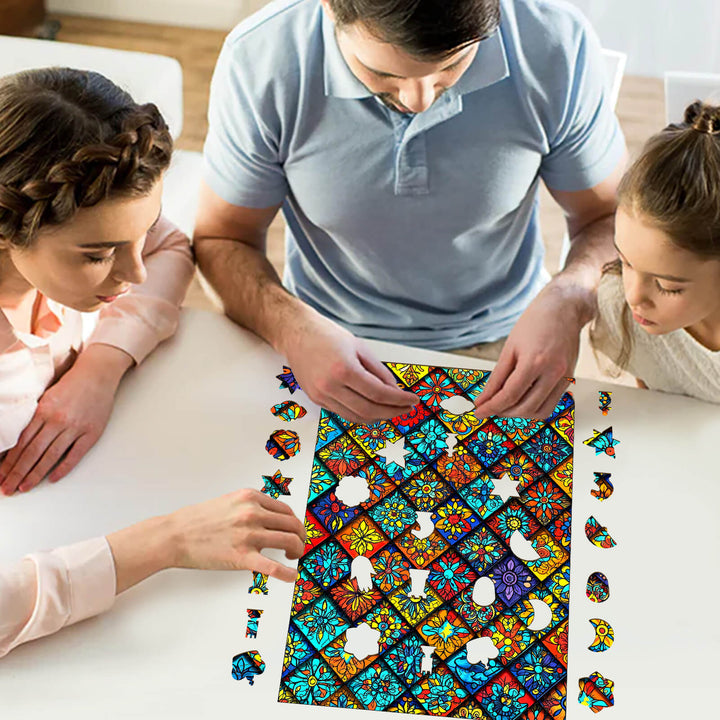 Family enjoying the Mandala Kaleidoscope-1 wooden jigsaw puzzle together on a table.