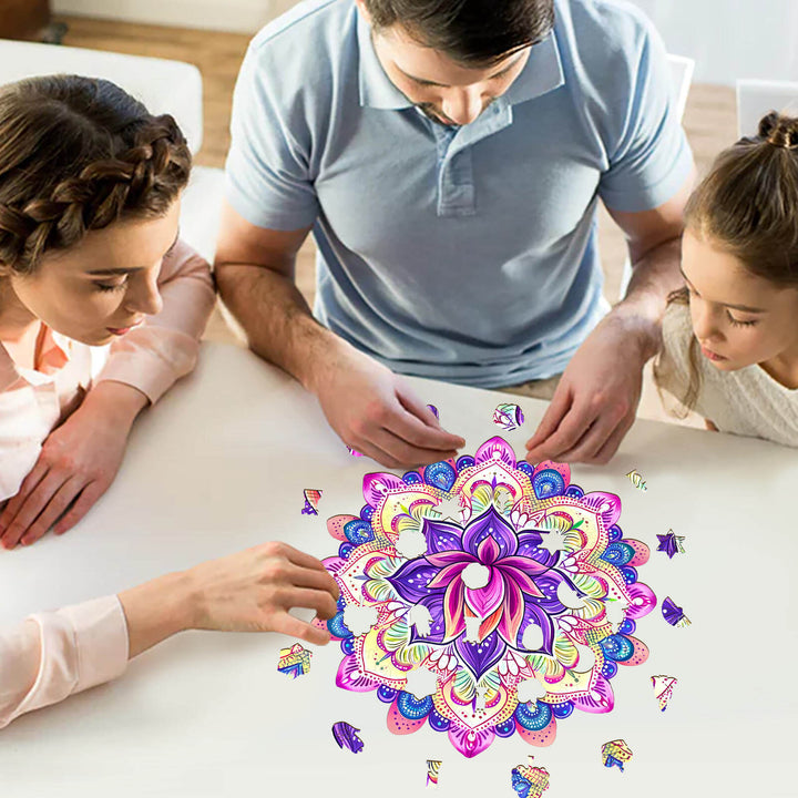 Family enjoying the Mandala Lotus-2 wooden jigsaw puzzle, enhancing focus and smart play.