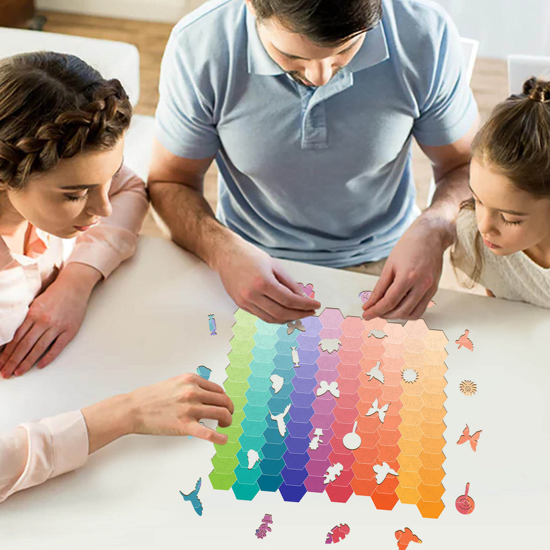 Family enjoying a Rainbow Gradient Wooden Jigsaw Puzzle together, enhancing focus and mental skills.