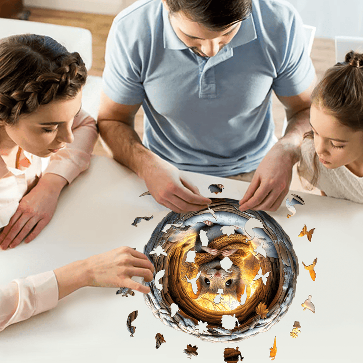 Family enjoying a 3D Cave Mouse wooden jigsaw puzzle, promoting focus and mental sharpness during playtime.