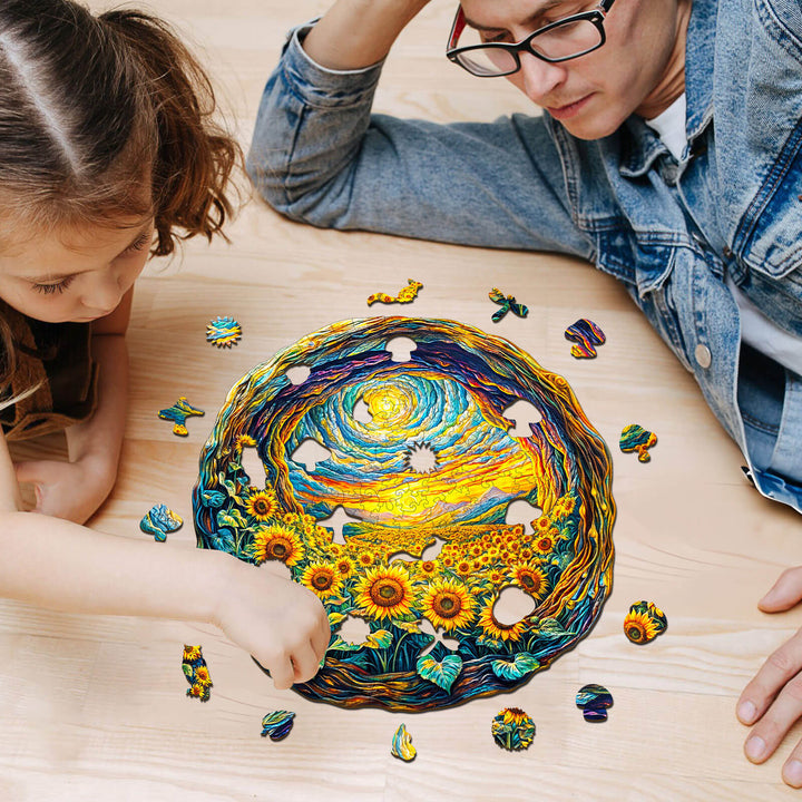 Enjoying a 3D Sunlit Fields wooden jigsaw puzzle together, enhancing focus and teamwork.
