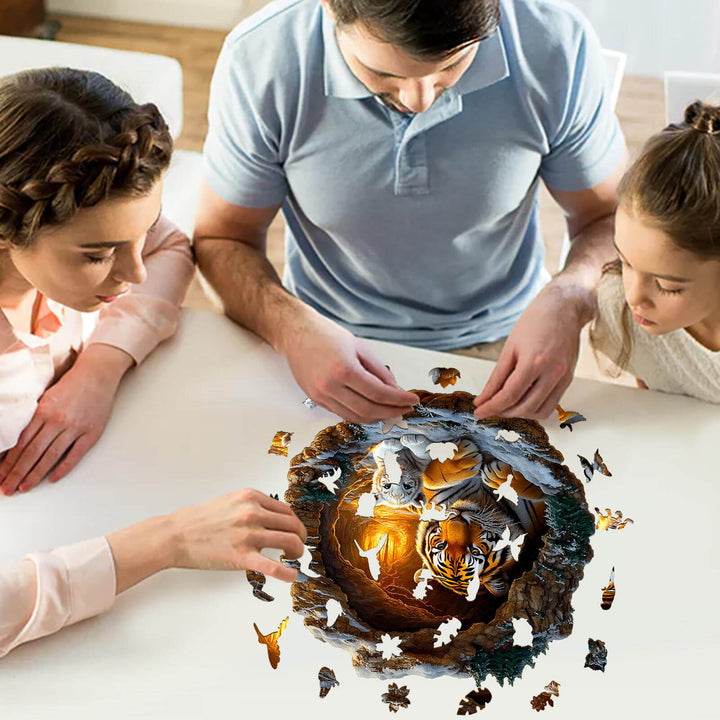 Family enjoying the 3D Tiger Family-2 wooden jigsaw puzzle, enhancing focus and cognitive skills through engaging gameplay.