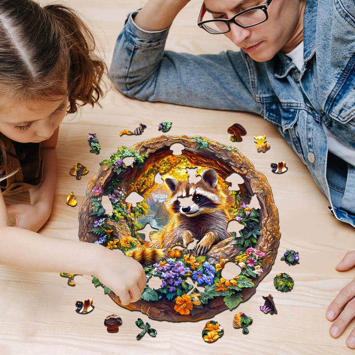 Child and adult assembling a colorful 3D Raccoon on Vacation jigsaw puzzle with floral details.