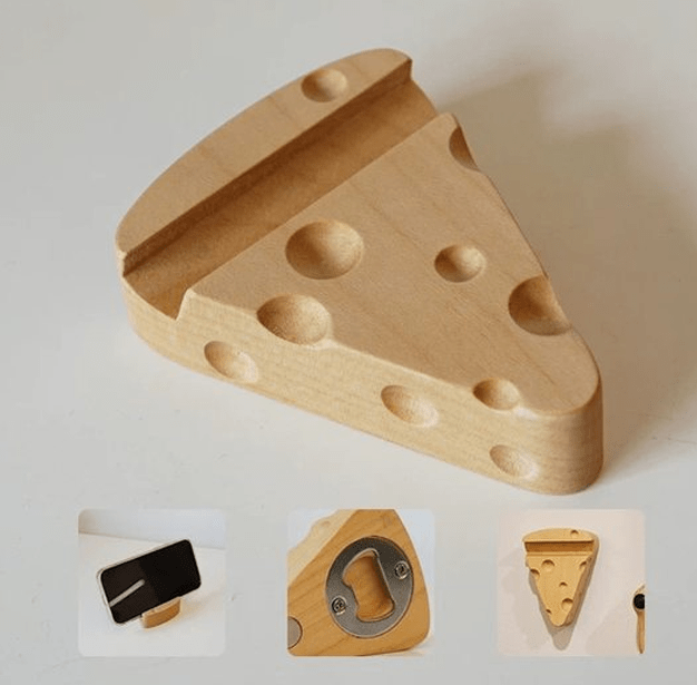 Fun cheese-shaped bottle opener made from natural maple wood, featuring magnetic back for easy fridge attachment.