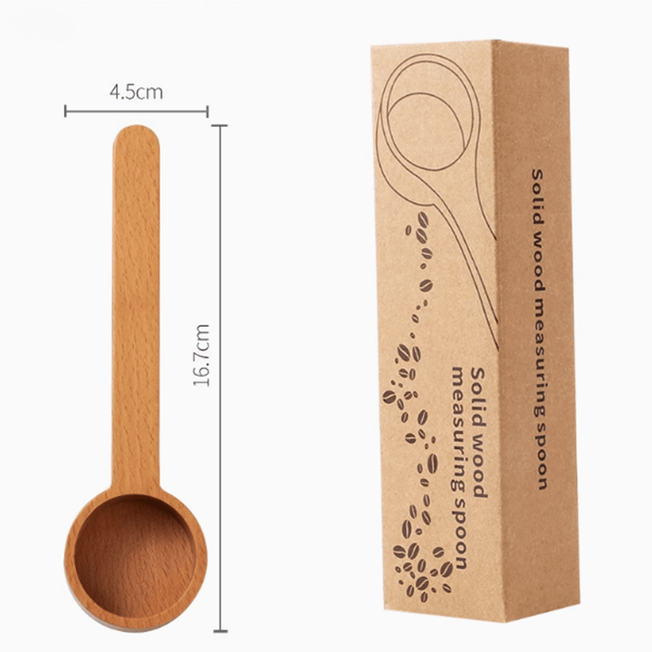 Wooden measuring spoon with dimensions, eco-friendly design for accurate cooking and baking measurements.