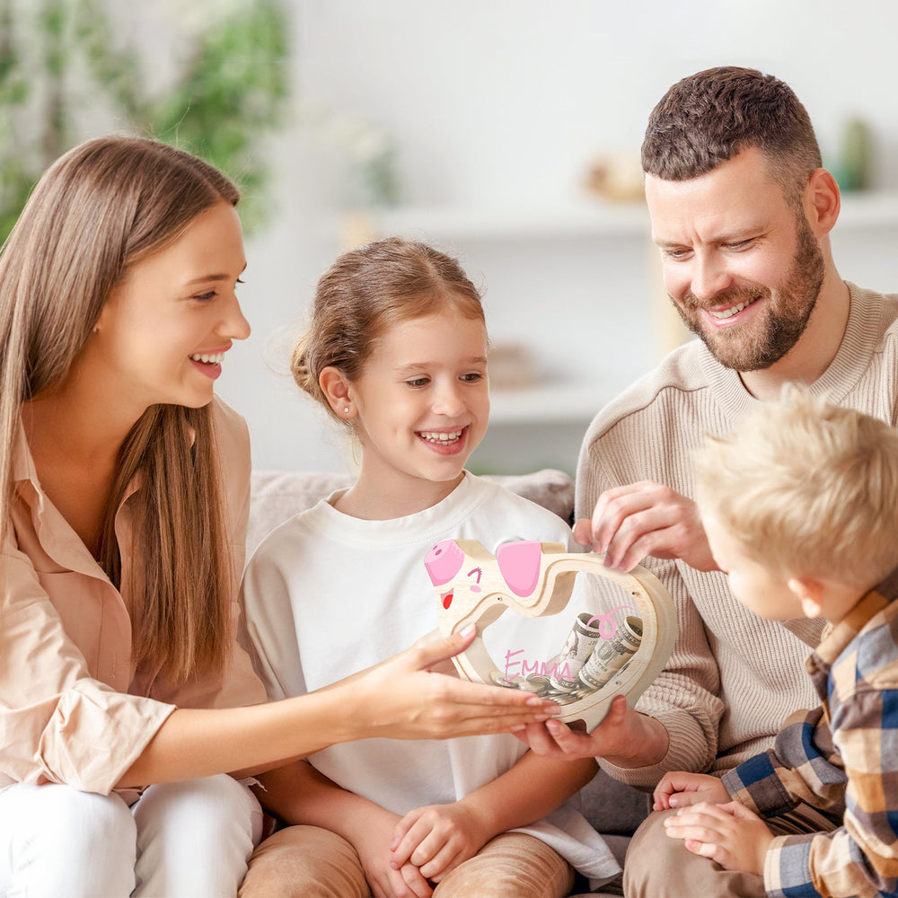 Family enjoying a personalized wooden piggy bank, teaching kids about saving and responsibility.
