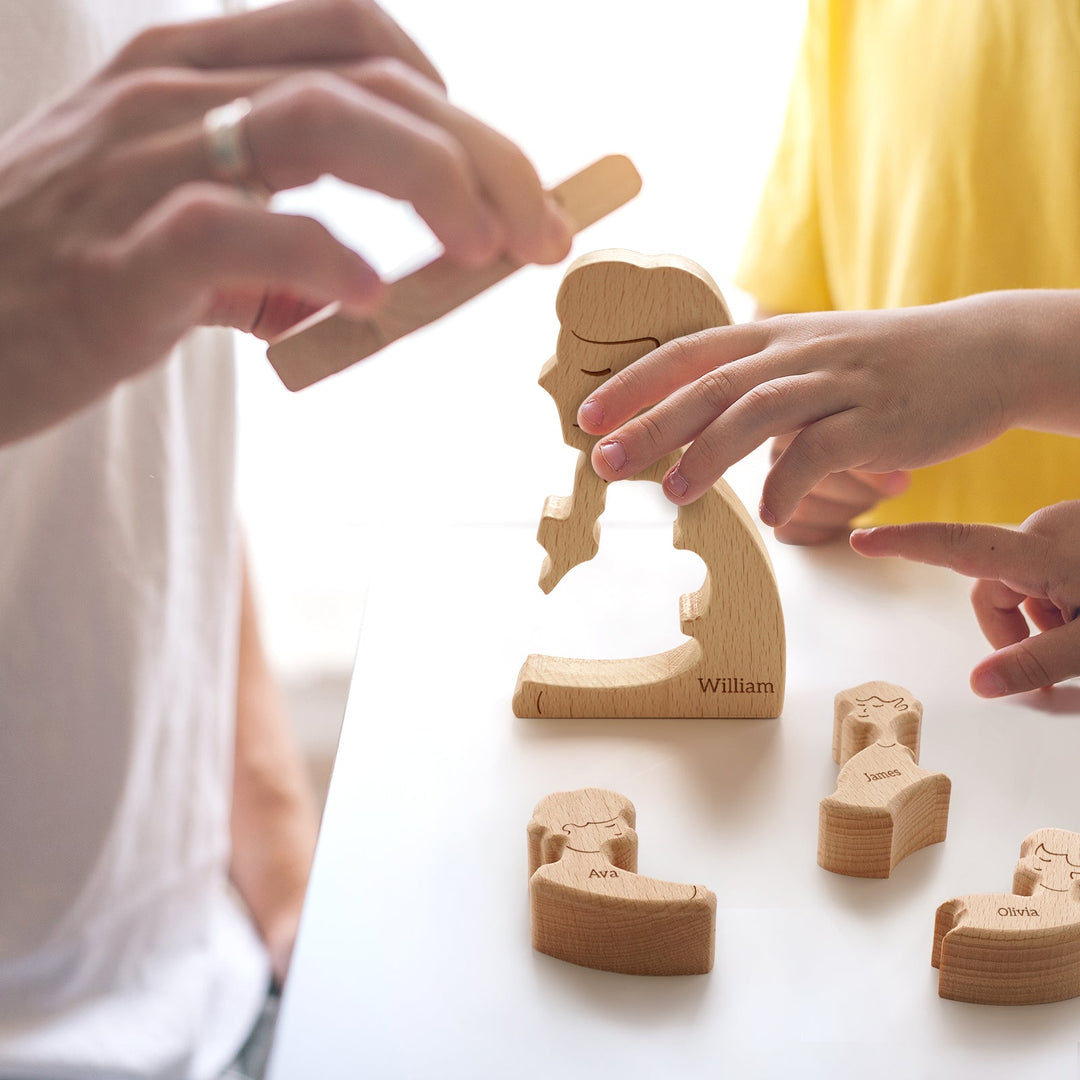 Customized wooden family name puzzle being assembled by adult and child, showcasing intricate name details and family bonding.