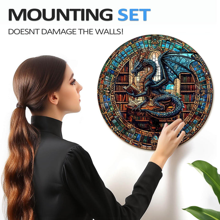 Person installing The Dragon's Library wooden jigsaw puzzle with a mounting set that doesn't damage walls.