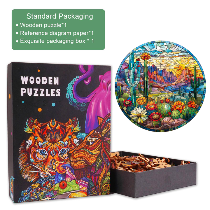 Stained Glass Cactus Wooden Jigsaw Puzzle