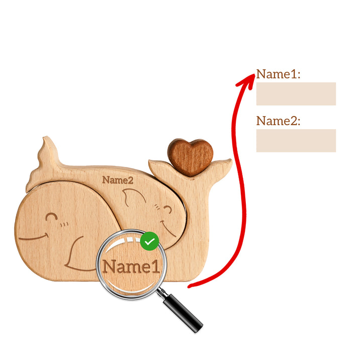 Personalized wooden whale family name puzzle showcasing two engraved names and heart detail, perfect as custom family decor.