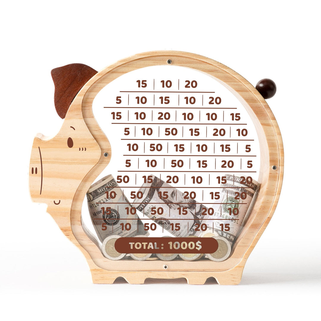 Custom wooden piggy bank for kids with money target and numbers, total savings $1000, eco-friendly design.