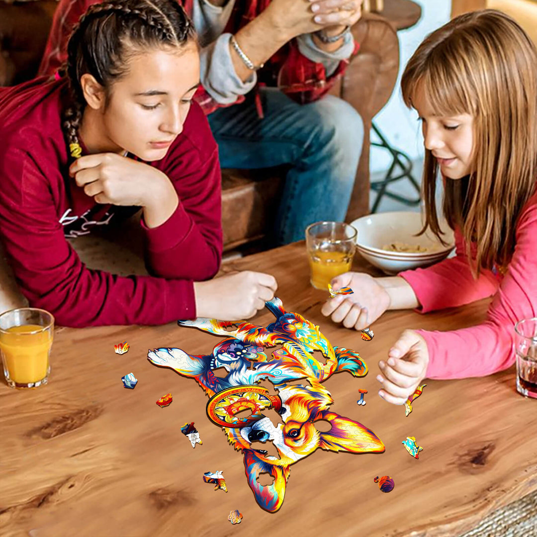 Two girls solving a colorful dog wooden jigsaw puzzle on a table, enjoying a fun brain game together.