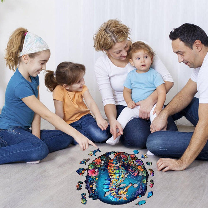 Family enjoying the Seahorse-2 wooden jigsaw puzzle together, showcasing marine life beauty for kids aged 8 and up.