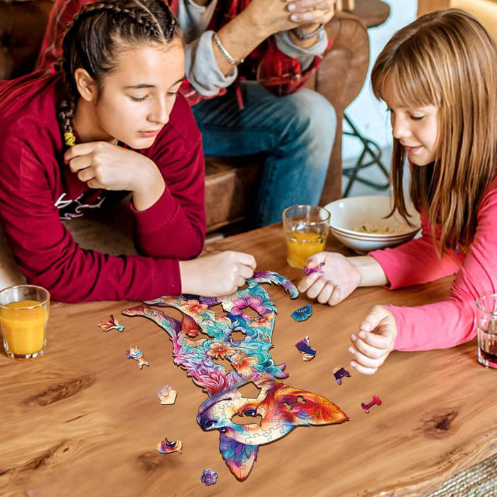 Two girls solving a Cute Puppy wooden jigsaw puzzle on a wooden table, fostering focus and cognitive skills through play.