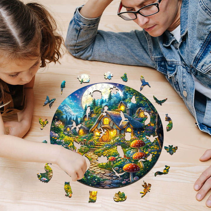 A child and adult assembling the SEEK AND FIND FAIRIES wooden jigsaw puzzle on a wooden table, showcasing a colorful fairy scene.