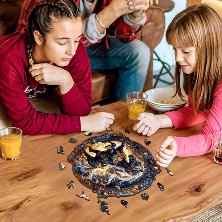 Two children enjoying the Elegant Horse wooden jigsaw puzzle on a table, promoting focus and brain training.