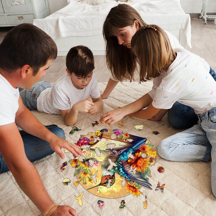 Family enjoying The Hummingbird on book wooden jigsaw puzzle together, enhancing focus and problem-solving skills.