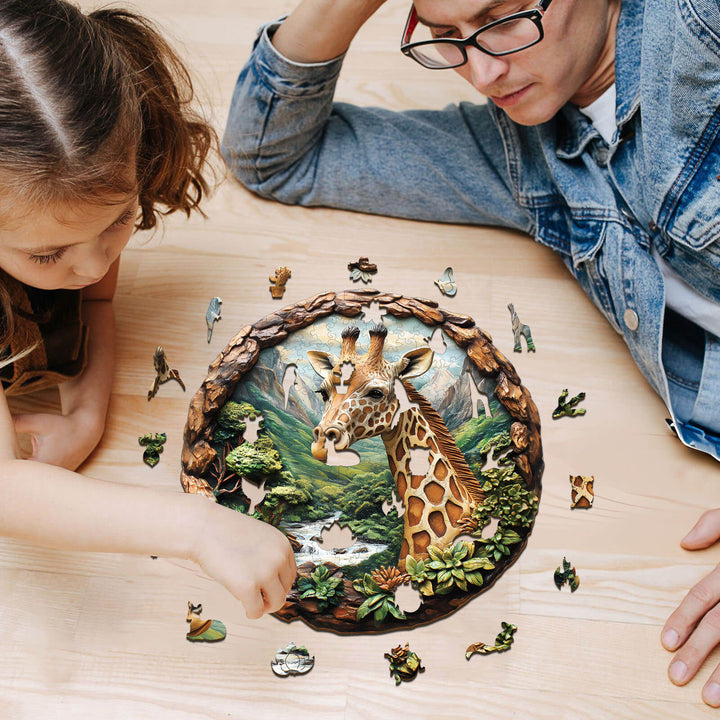 Child and adult solving a 3D Giraffe wooden jigsaw puzzle together on a wooden table.