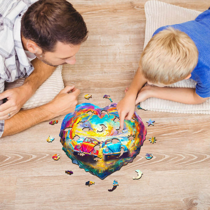 Father and son enjoying the Sweet Encounter wooden jigsaw puzzle together, enhancing focus and problem-solving skills.