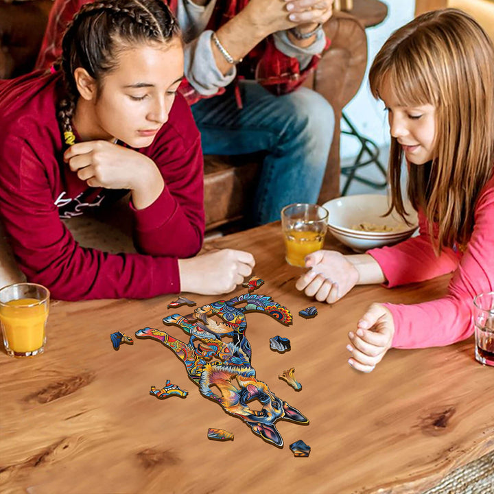 Two children assembling a Handsome German Shepherd wooden jigsaw puzzle on a table, enhancing focus and mindfulness.