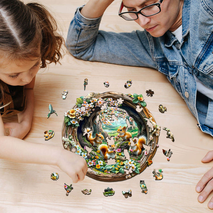 Adult and child enjoying the 3D Spring Squirrel wooden jigsaw puzzle, focusing on problem-solving and fun together.
