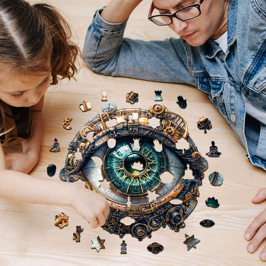 Adult and child assembling the 3D Mechanical eyes wooden jigsaw puzzle, enhancing focus and problem-solving skills.
