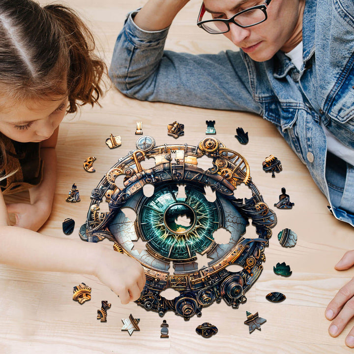 Adult and child assembling the 3D Mechanical eyes wooden jigsaw puzzle, enhancing focus and problem-solving skills.