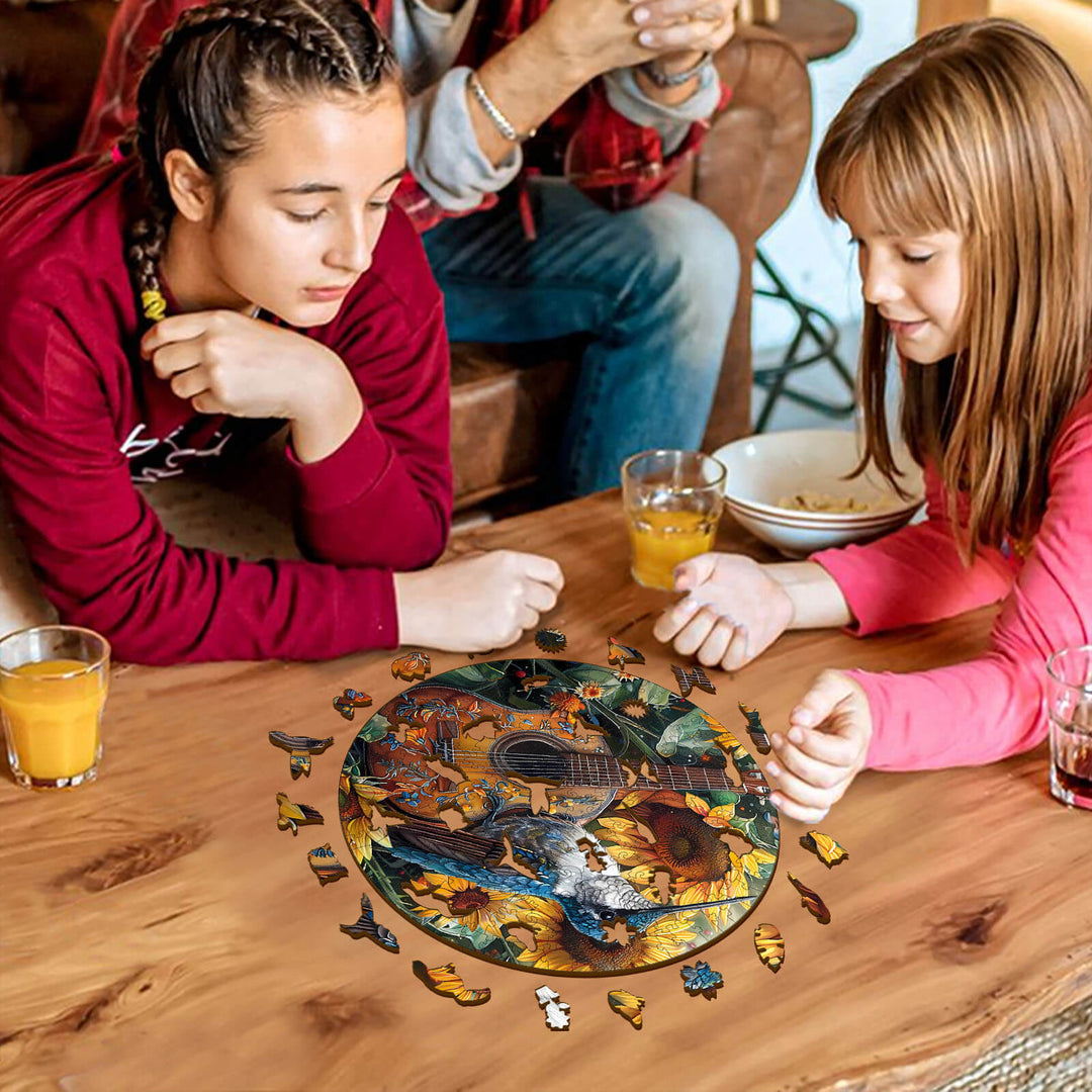 Two children solving an Elegant Hummingbird wooden jigsaw puzzle together, enhancing focus and problem-solving skills.