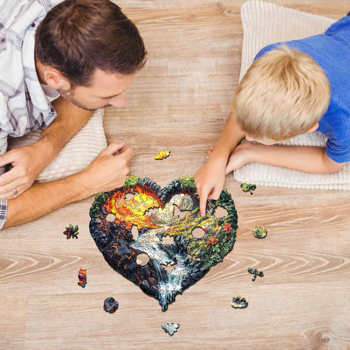 Father and son enjoying the ETERNAL FLOW wooden jigsaw puzzle, enhancing focus and problem-solving skills together.
