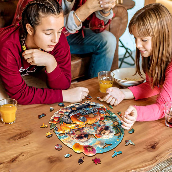 Two girls engaged in solving a Happy Grandma wooden jigsaw puzzle, surrounded by drinks and a cozy atmosphere.