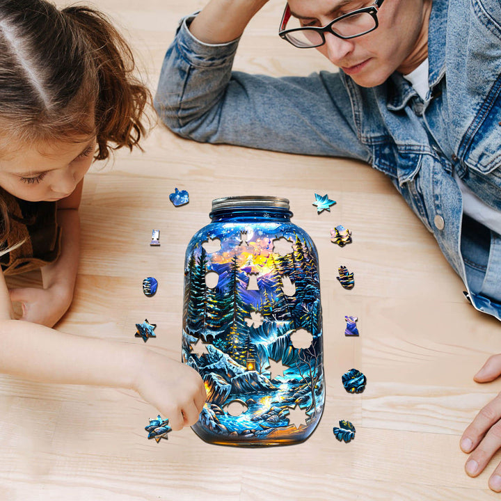 Adult and child working on a Winter Dreamscape wooden jigsaw puzzle on a wooden table with colorful pieces.