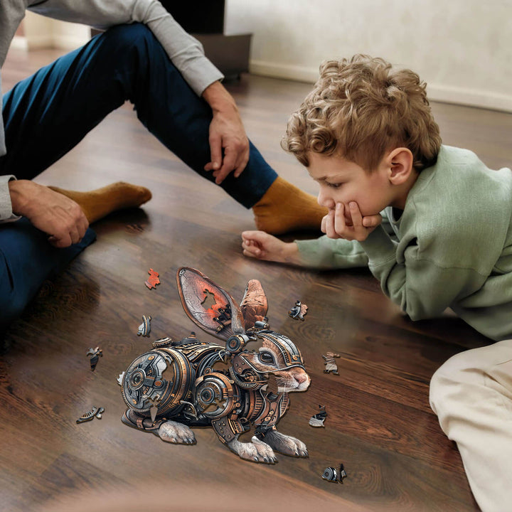 Child and adult focusing on a mechanical rabbit wooden jigsaw puzzle, enhancing concentration and problem-solving skills.