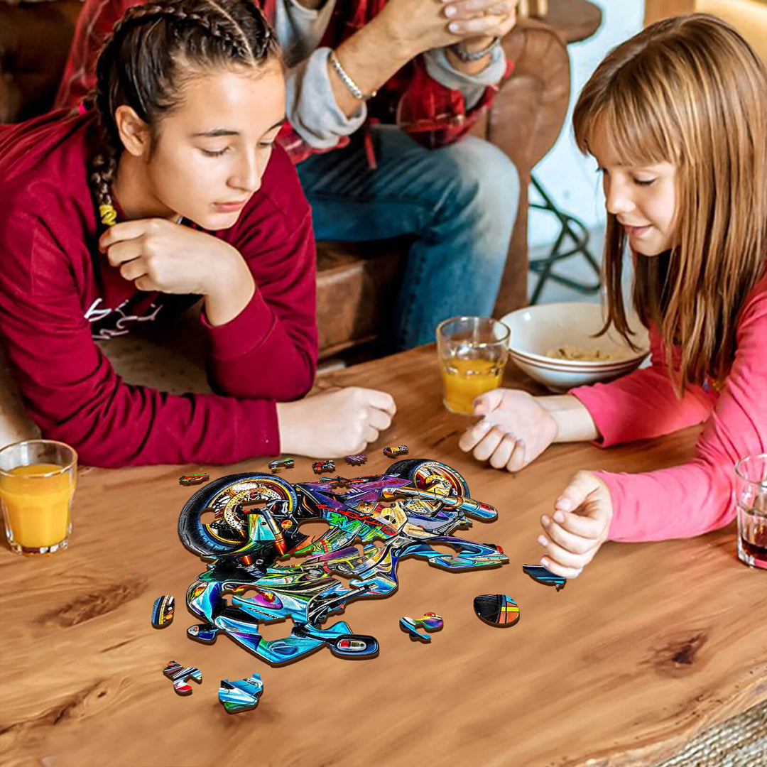 Two kids enjoying a Motorcycle wooden jigsaw puzzle on a table, promoting focus and cognitive development.