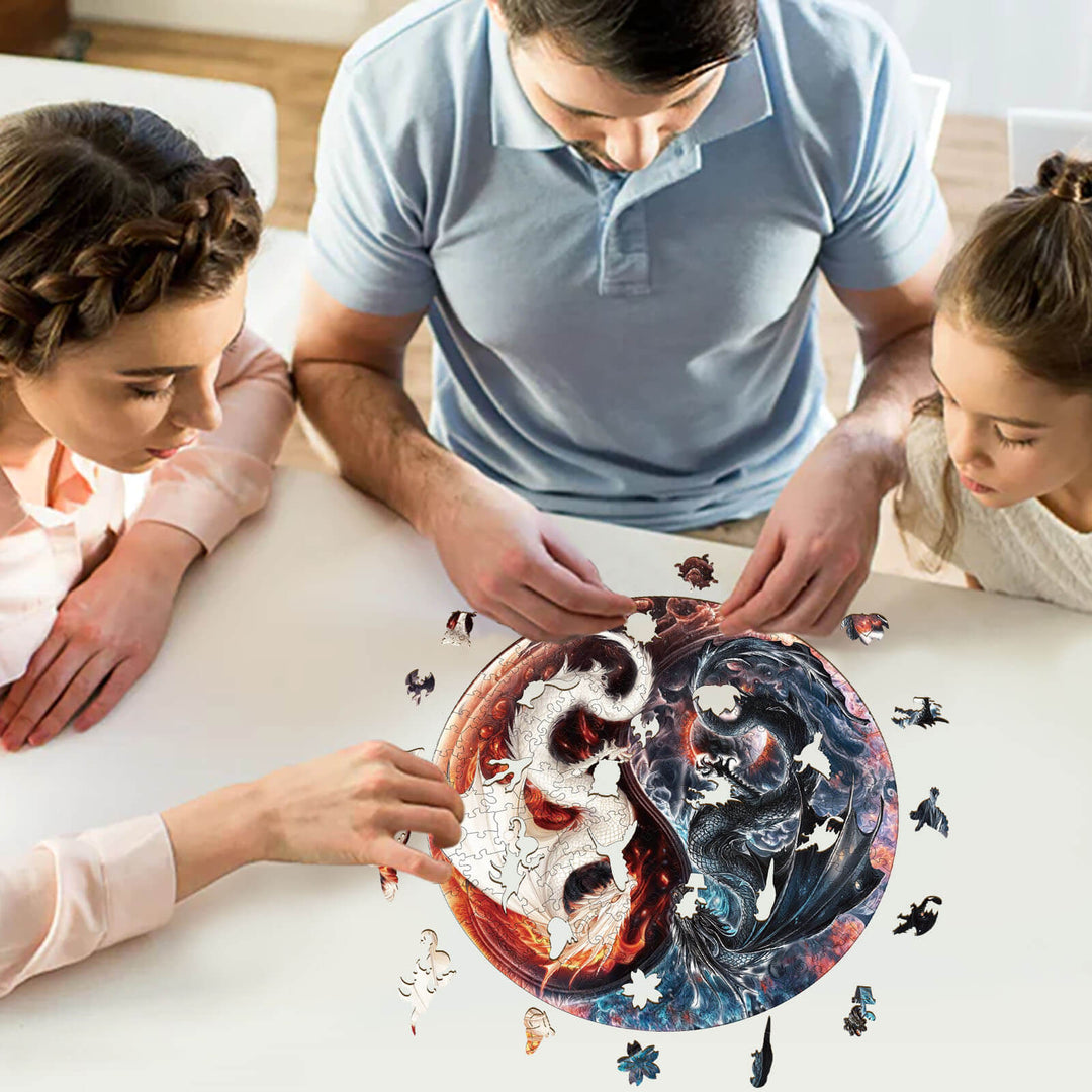 Family enjoying a Yin Yang Dragon wooden jigsaw puzzle together, promoting focus and cognitive skills.