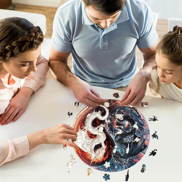 Family enjoying a Yin Yang Dragon wooden jigsaw puzzle together, promoting focus and cognitive skills.