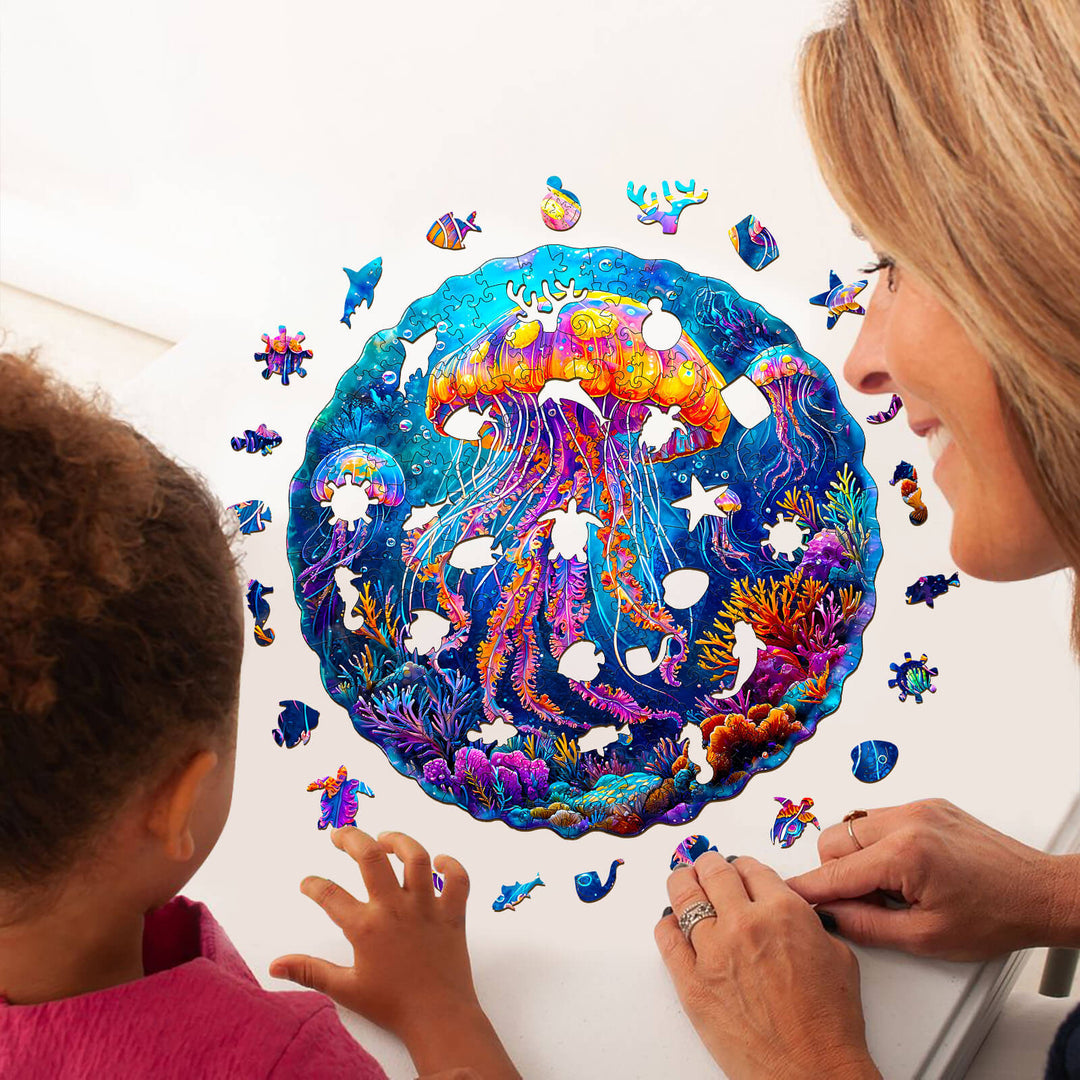 Multicolor jellyfish  Wooden Jigsaw Puzzle