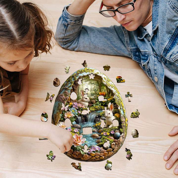 Father and daughter assembling 3D Wonderland Easter wooden jigsaw puzzle together on wooden table.