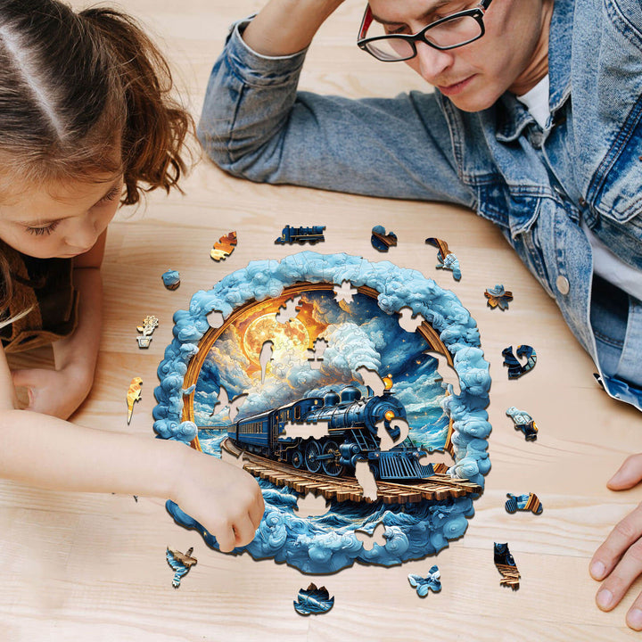 Parent and child assembling a colorful 3D train jigsaw puzzle on a wooden table, enjoying creative bonding time.
