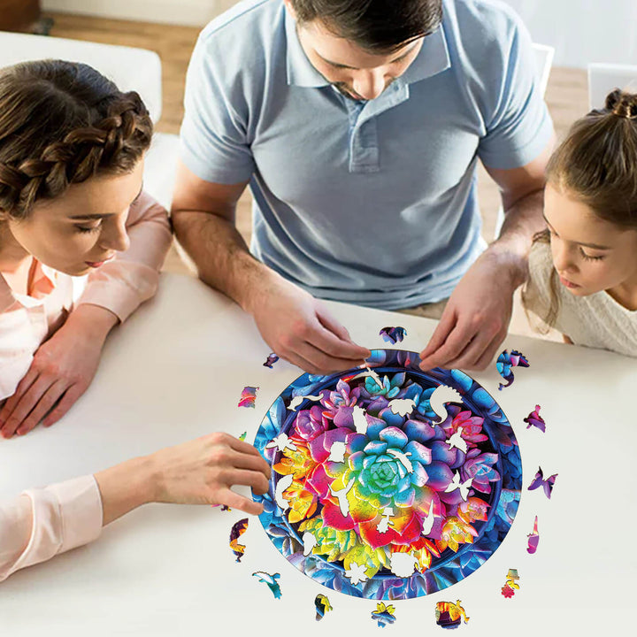 Family enjoys assembling a colorful 3D succulent plants wooden jigsaw puzzle on a table, promoting focus and creativity.