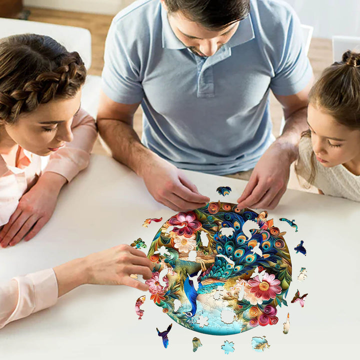 Family enjoying a 3D Colorful Peacock wooden jigsaw puzzle at a table, enhancing focus and cognitive skills.