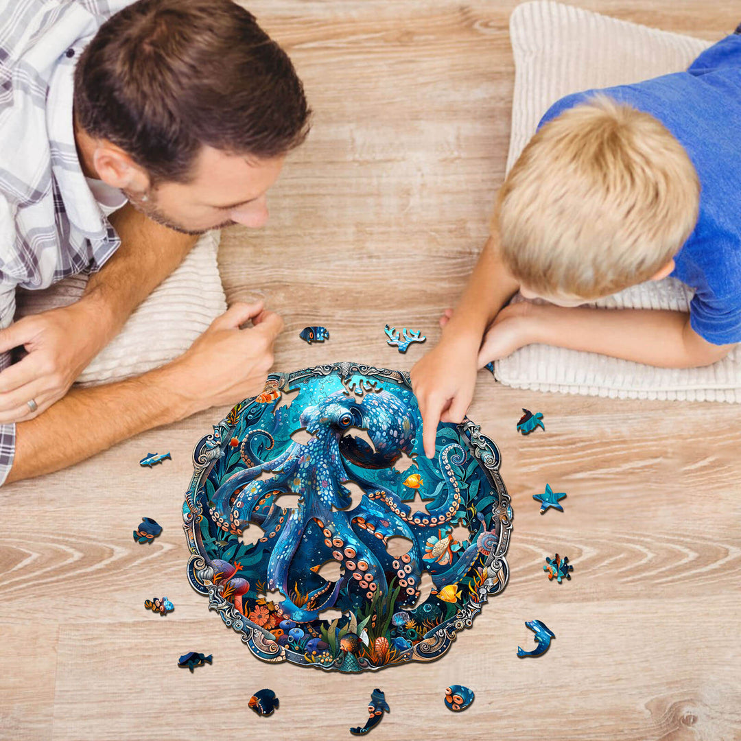 Father and son assembling the Mystic Tentacles wooden jigsaw puzzle together on the floor.