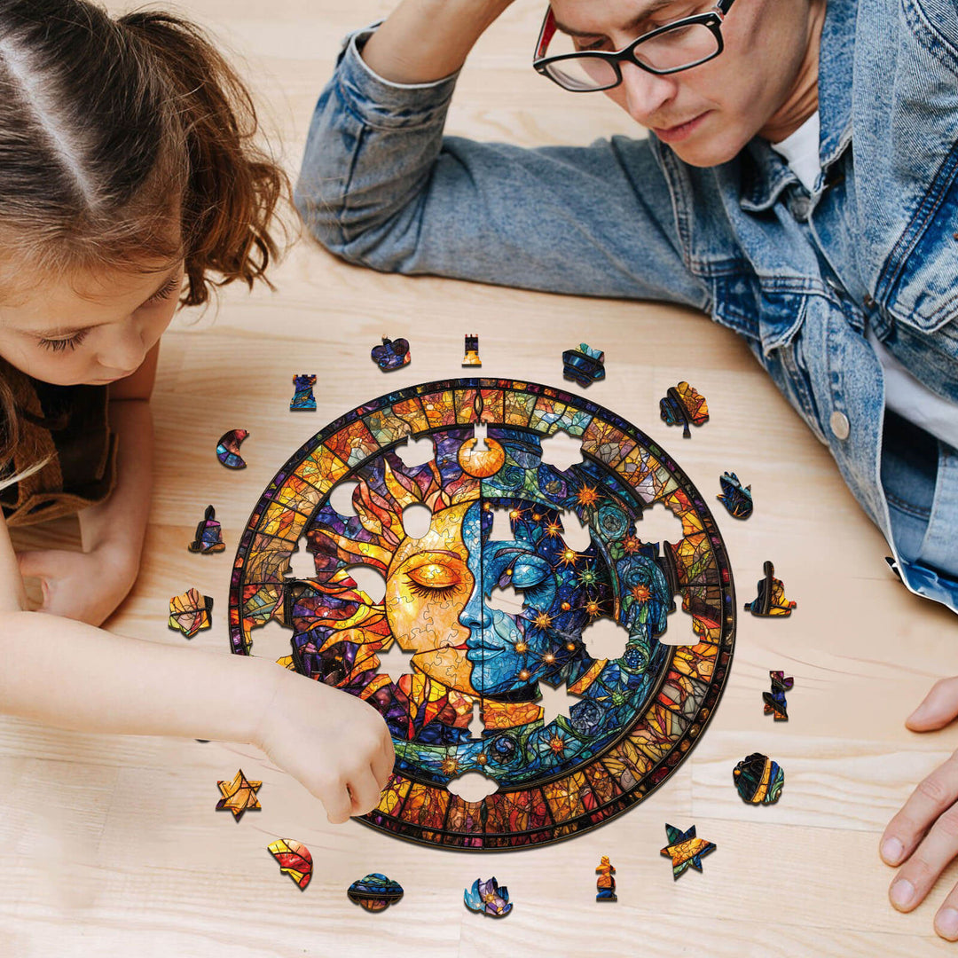 Child and adult assembling Sun and Moon Harmony wooden jigsaw puzzle on a wooden table, enhancing focus and strategy.
